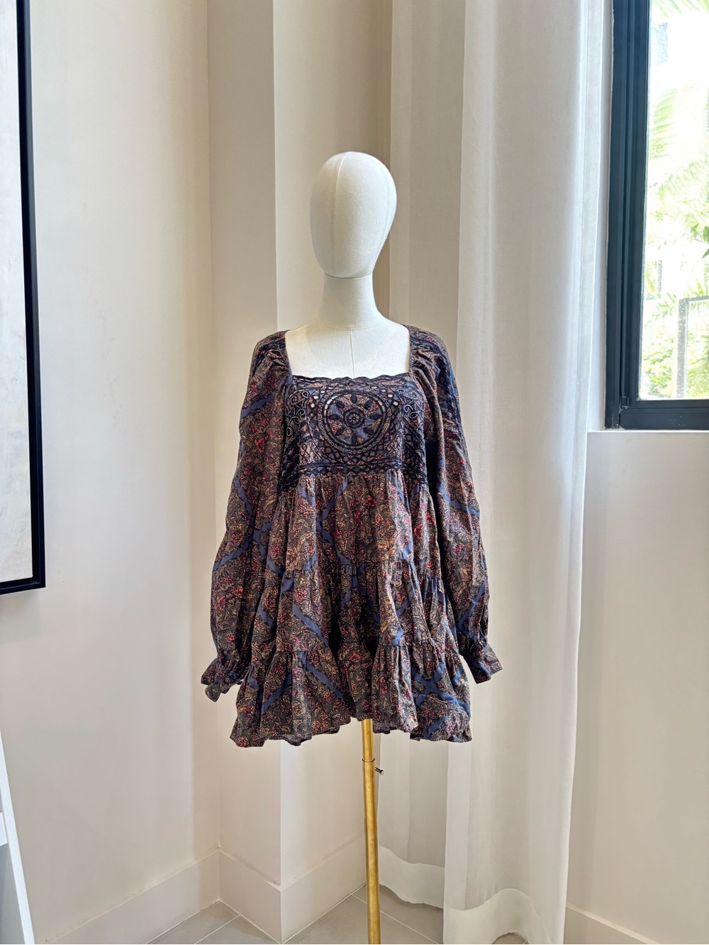Free People Boho Paisley Embroidered Long Sleeve Babydoll Mini Dress Top M